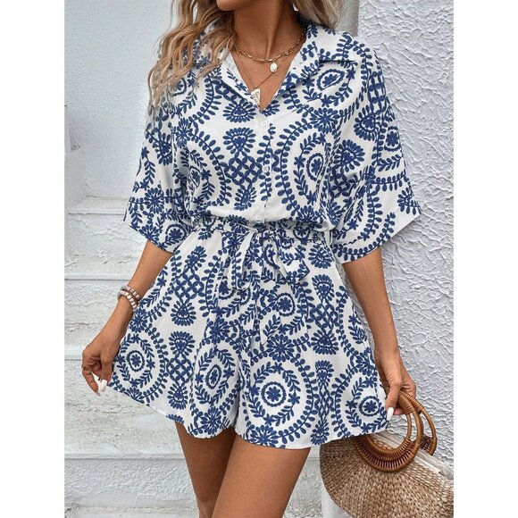 WILA Pants - Blue white boho gypsy greek print romper short sleeve summer